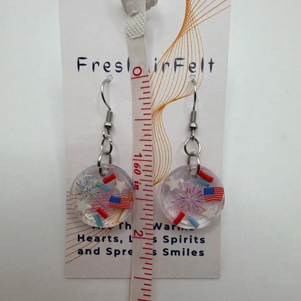 USA 4th of July fireworks Unique hand crafted Resin Stainless drop steel earring